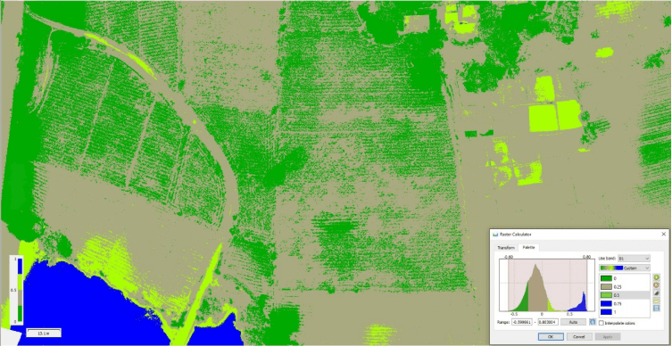 NDWI analysis of drone data indicating plant water content and water stress