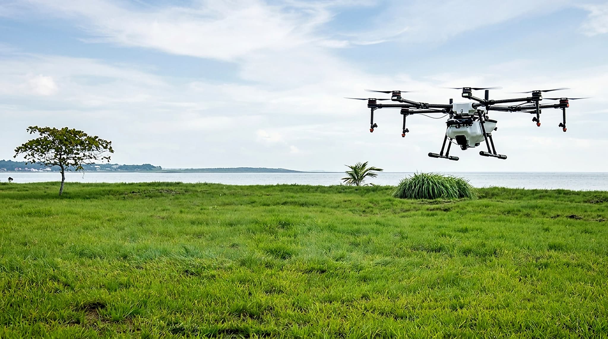 White hexacopter spraying drone hovering low over grassland beside open water
