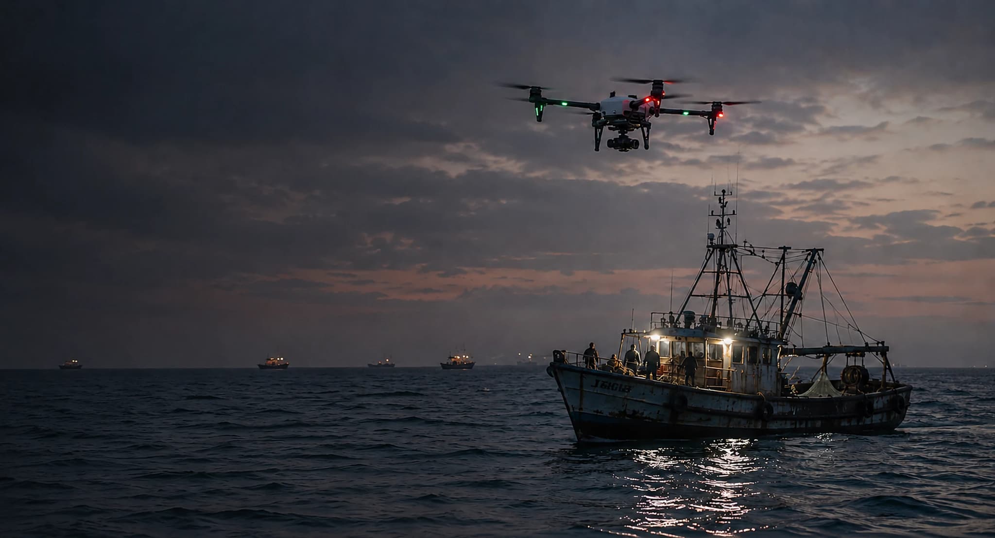 Surveillance drone flying at dusk over a lit fishing trawler offshore, with more vessels on the horizon