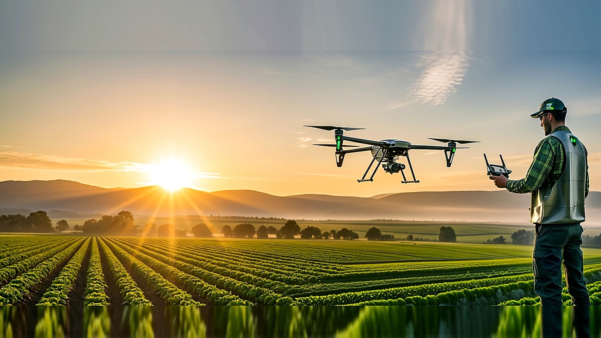 Drone operator flying a spraying drone over farmland at sunrise, controller in hand