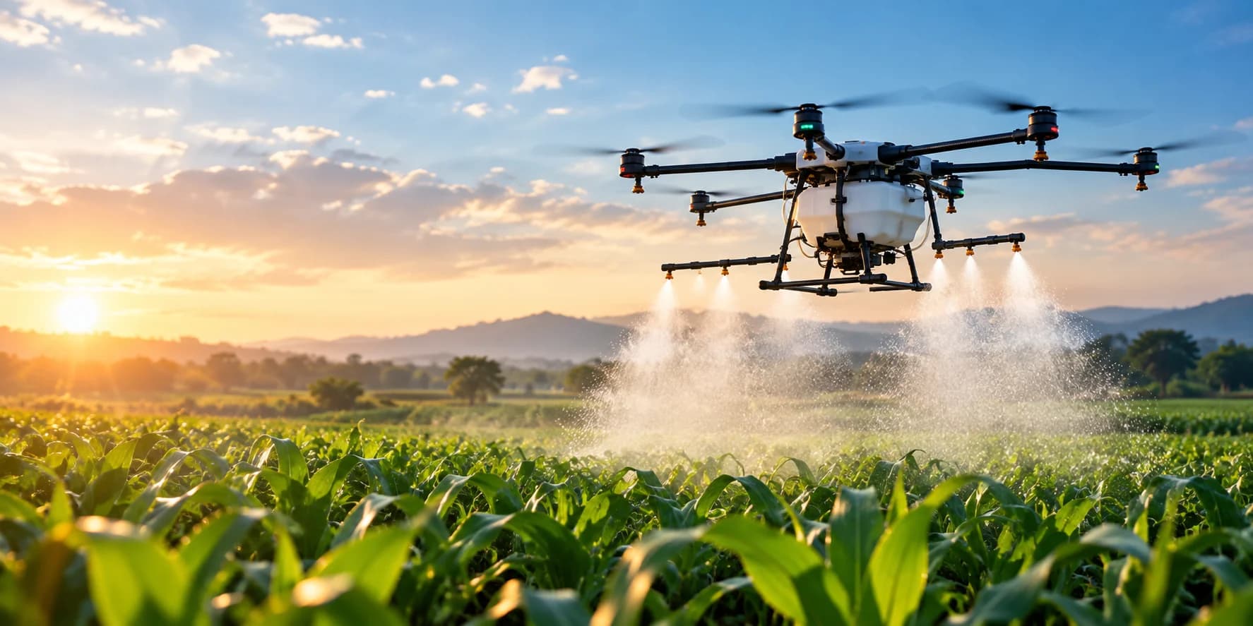 Spraying drone releasing a fine mist over a maize field at sunrise