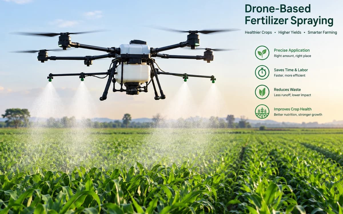 Agricultural spraying drone releasing a fine fertilizer mist over a green crop field