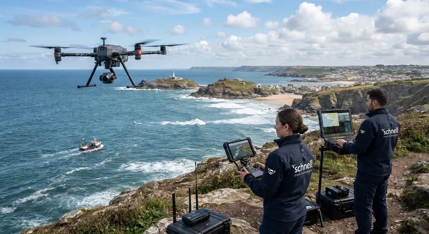 Schnell drone operators on a clifftop flying a surveillance drone over coastal waters