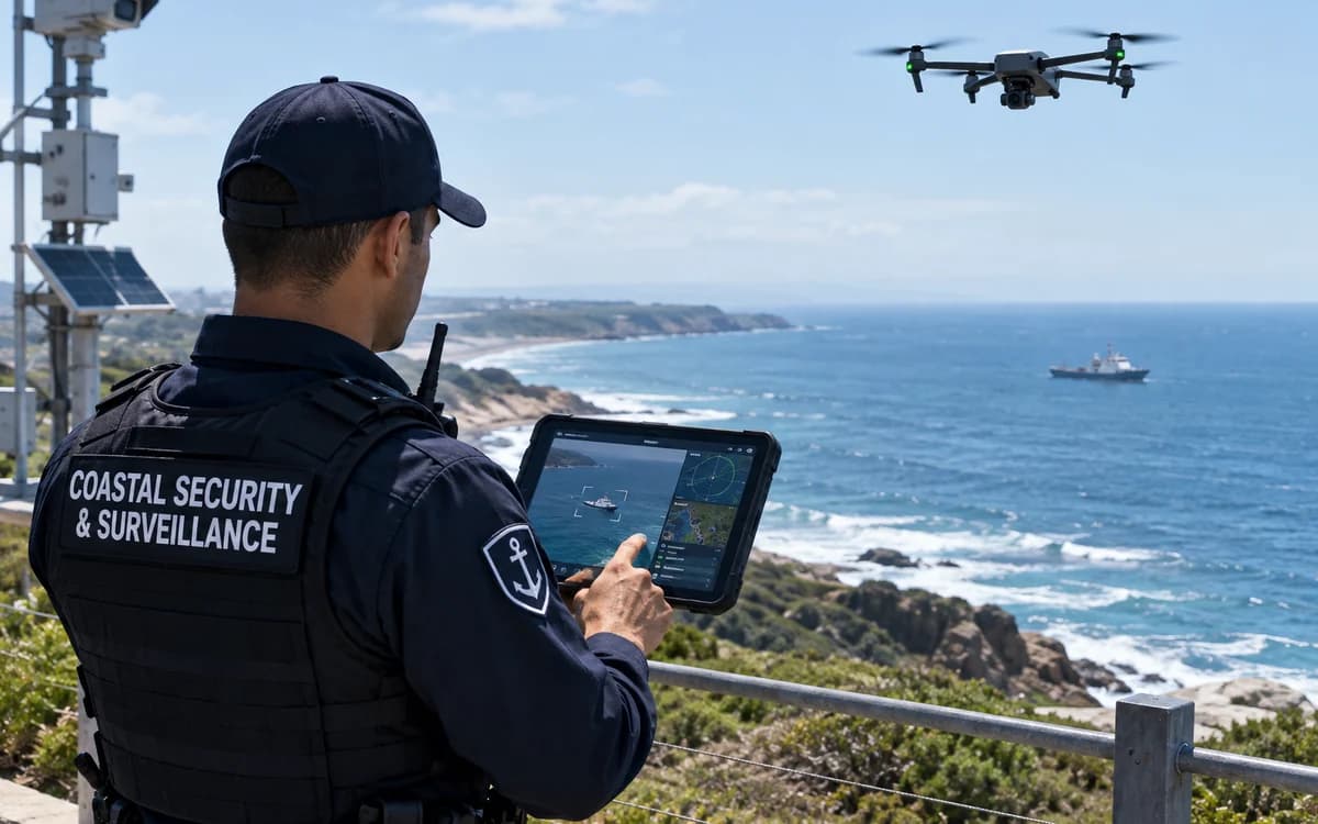 Coastal security officer monitoring a surveillance drone feed on a tablet above the shoreline