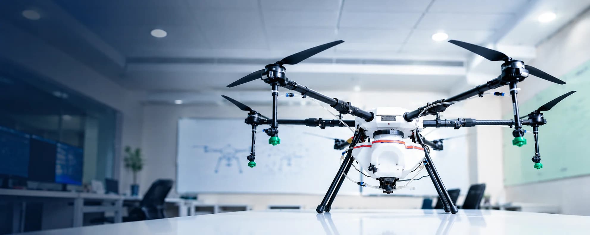 Schnell spraying drone on a table in the company office, with a whiteboard behind it