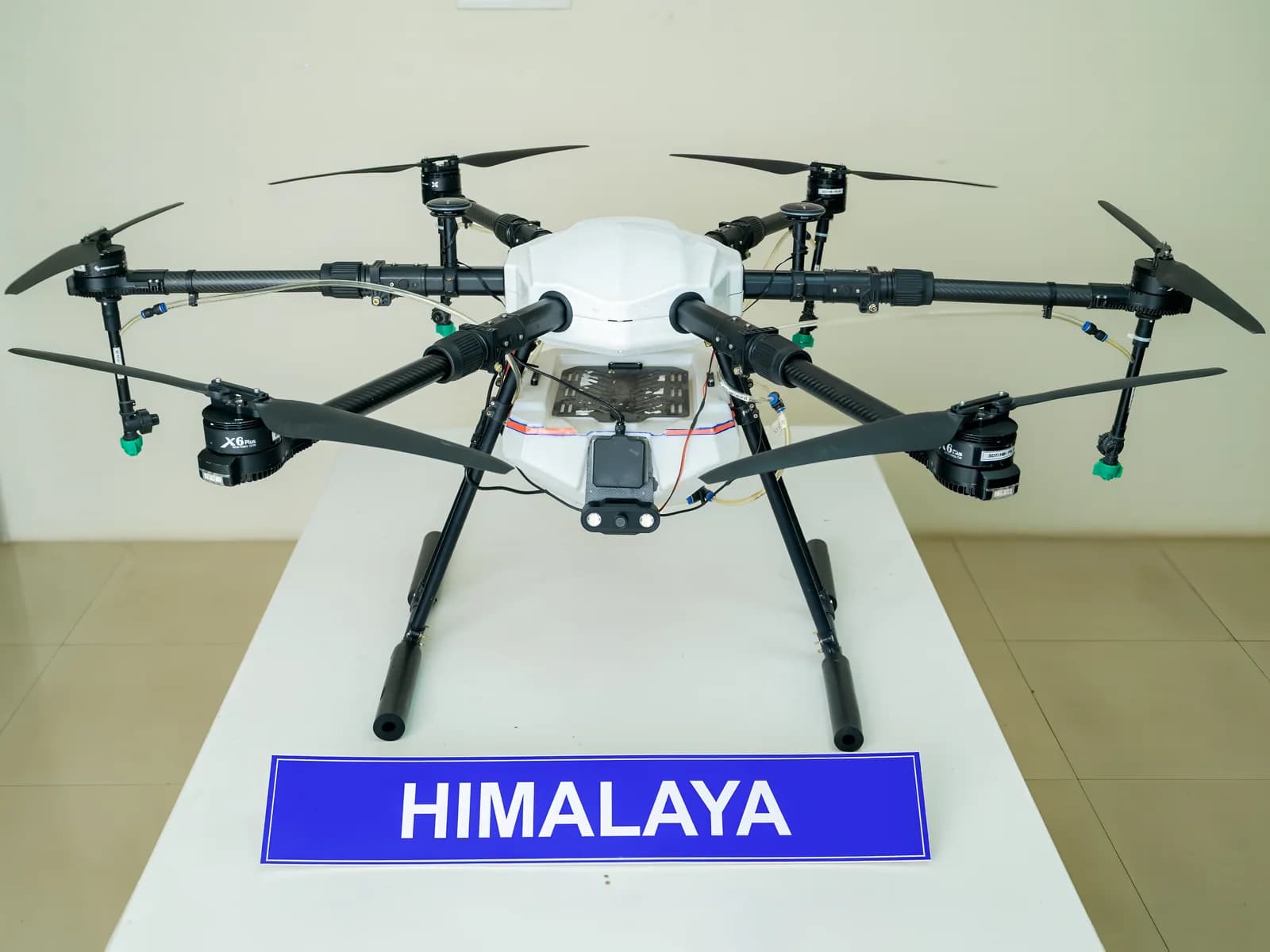 HIMALAYA hexacopter head-on with all six rotors deployed, standing behind its nameplate
