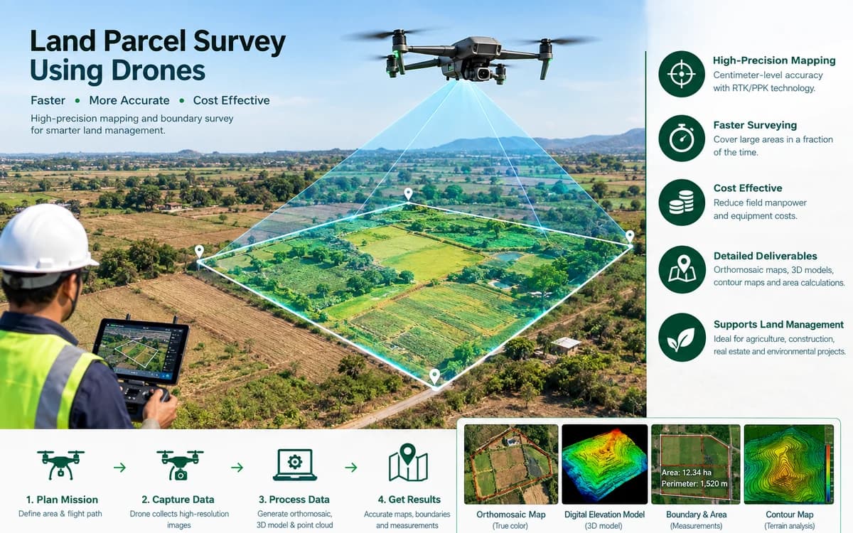 Drone land parcel survey showing the mapped area, deliverables and survey workflow