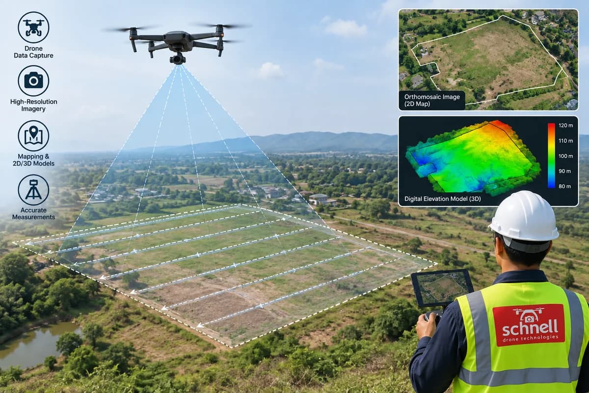 Survey drone capturing imagery over farmland while a Schnell engineer reviews the orthomosaic and elevation model on a tablet