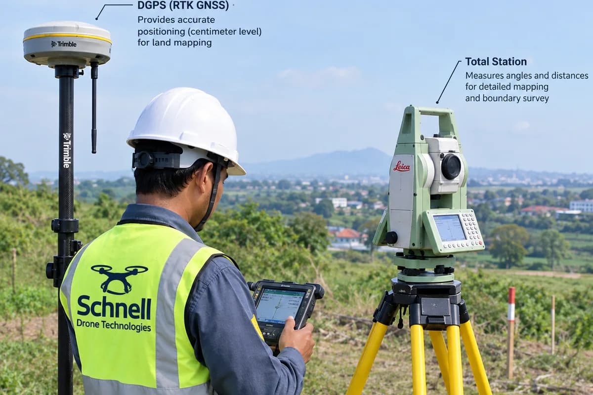 Schnell surveyor working with a DGPS (RTK GNSS) receiver and a total station on a land mapping survey