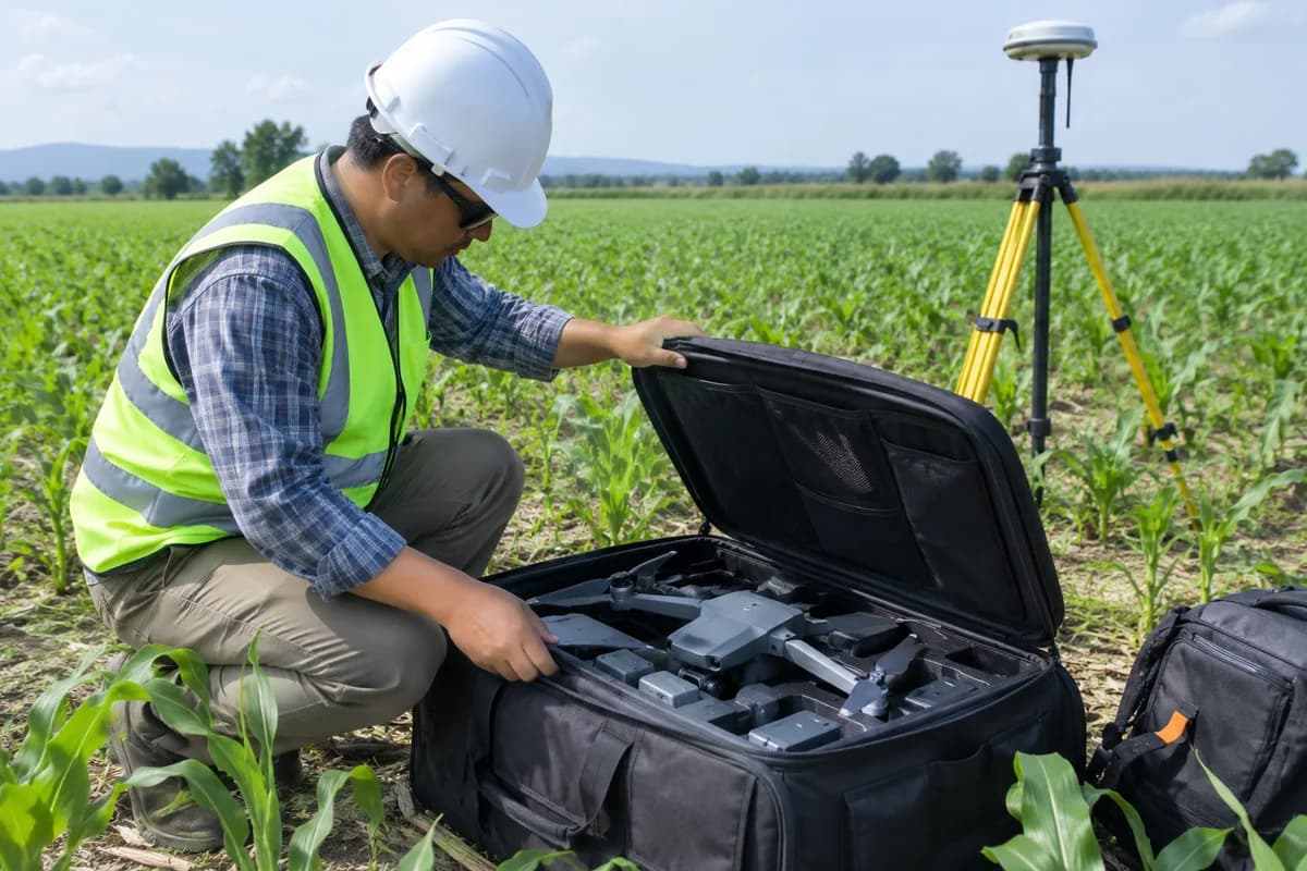 Schnell field engineer unpacking survey drone equipment in a crop field beside a GNSS base station