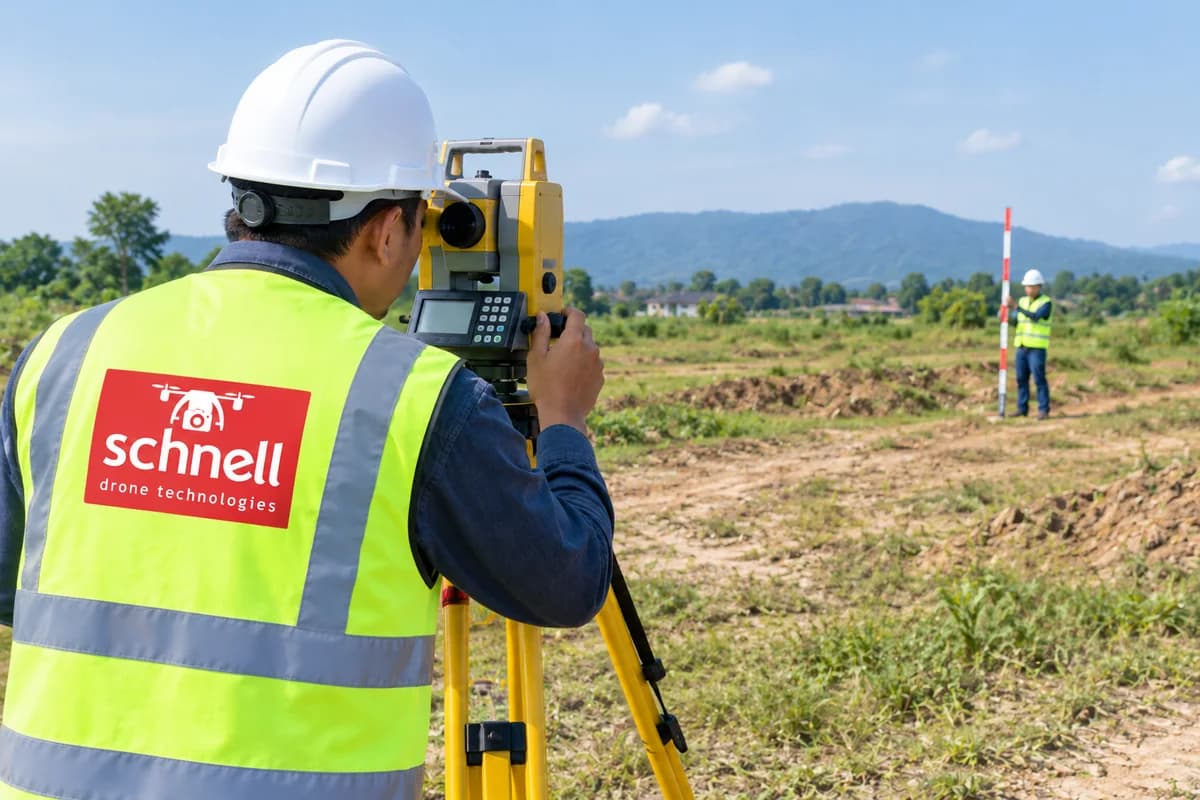 Schnell surveyor taking measurements with a total station, with a ranging pole set out across the site