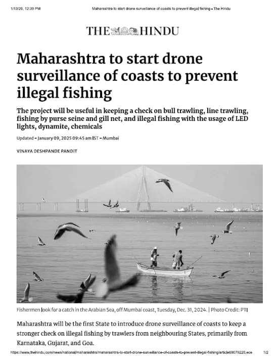 The Hindu: Maharashtra to start drone surveillance of coasts to prevent illegal fishing
