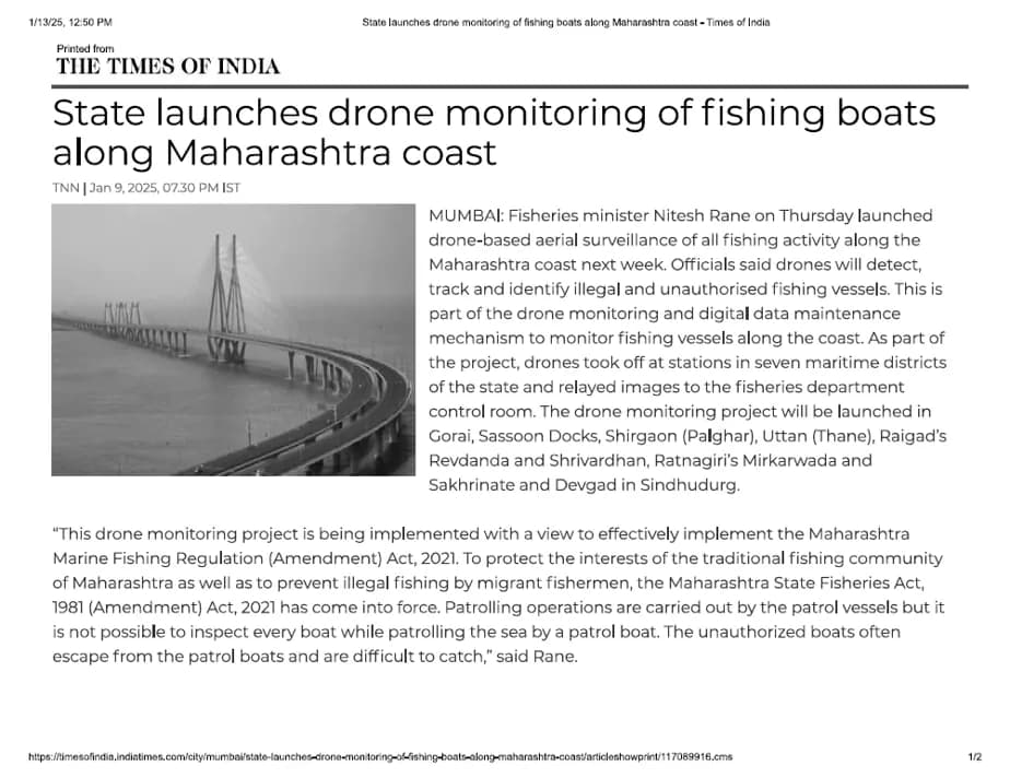 The Times of India: State launches drone monitoring of fishing boats along the Maharashtra coast