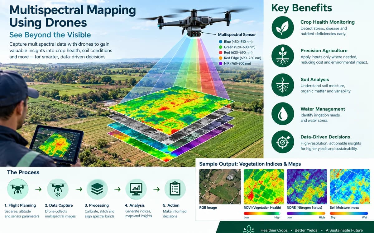 Multispectral mapping drone capturing crop-health layers, with sample vegetation index maps
