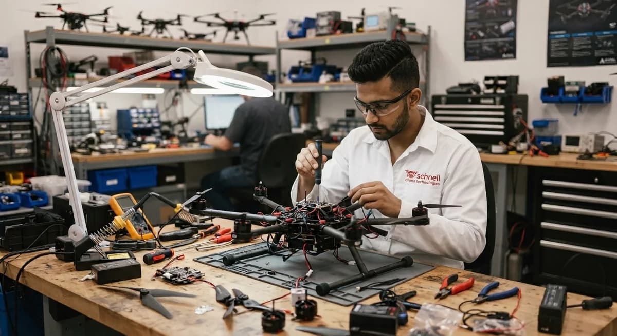 Engineer assembling a multirotor drone in the Schnell repair workshop