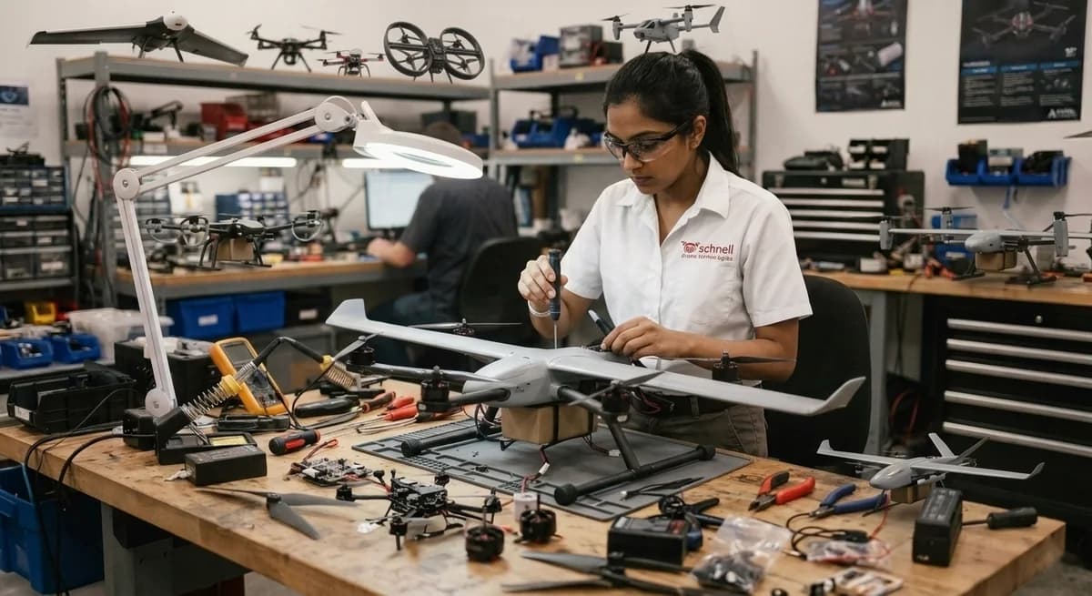Engineer repairing a fixed-wing drone at a workbench surrounded by drones