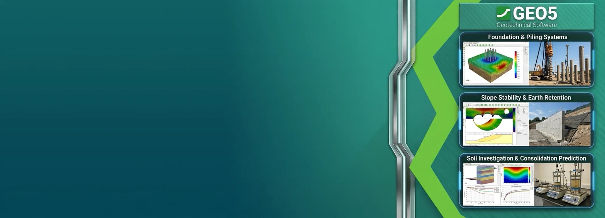 GEO5 geotechnical software panels for piling, slope stability and soil consolidation on a teal background
