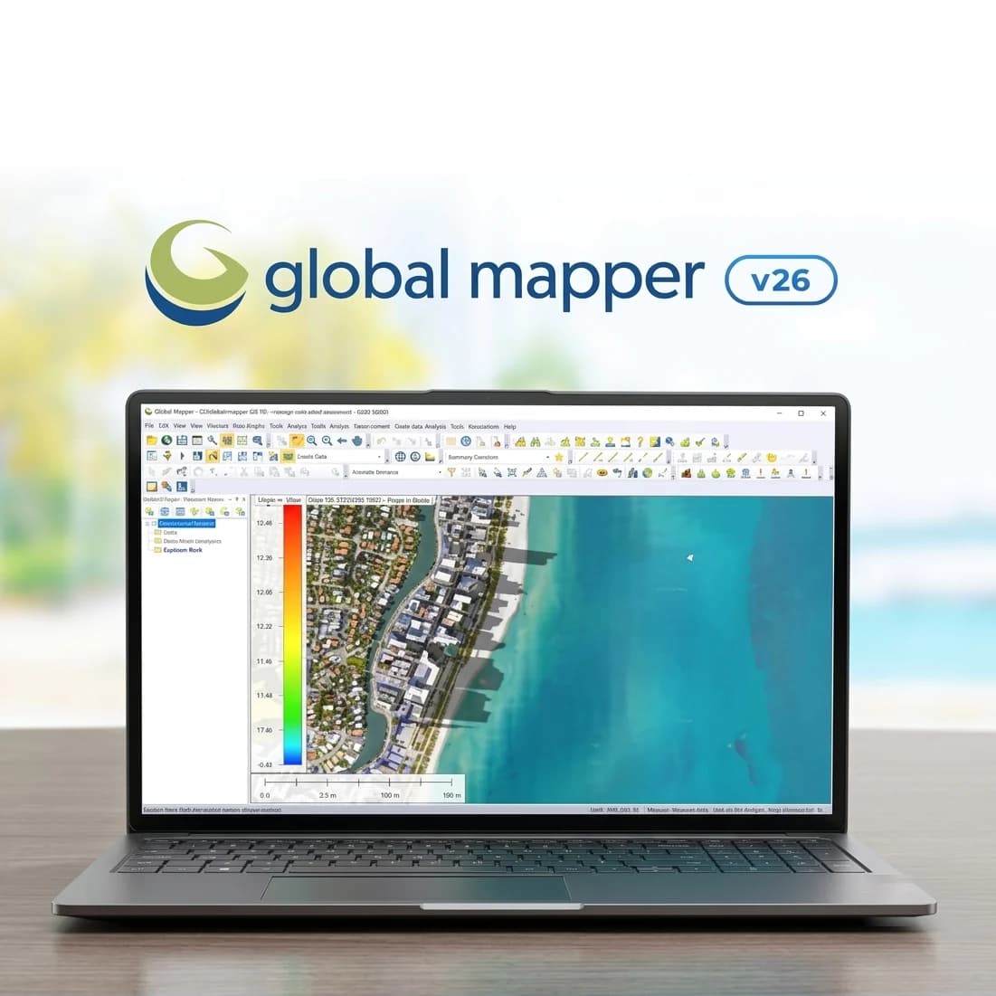 Global Mapper open on a laptop, showing coastal aerial imagery beside an elevation colour scale