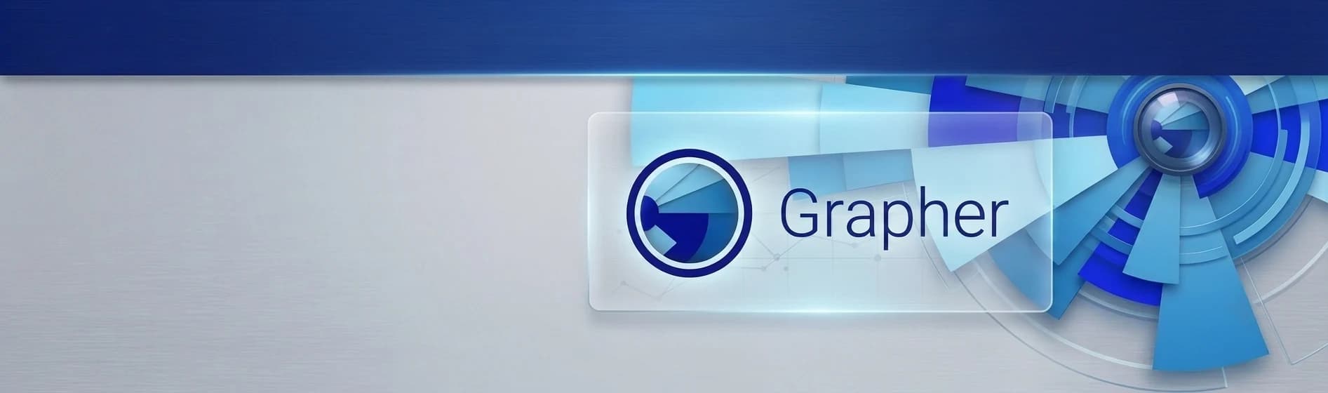 Grapher logo on a frosted glass panel beside a layered blue radial chart graphic