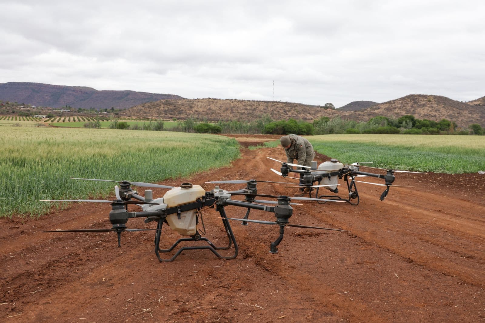 Drone operations team working in an agricultural field
