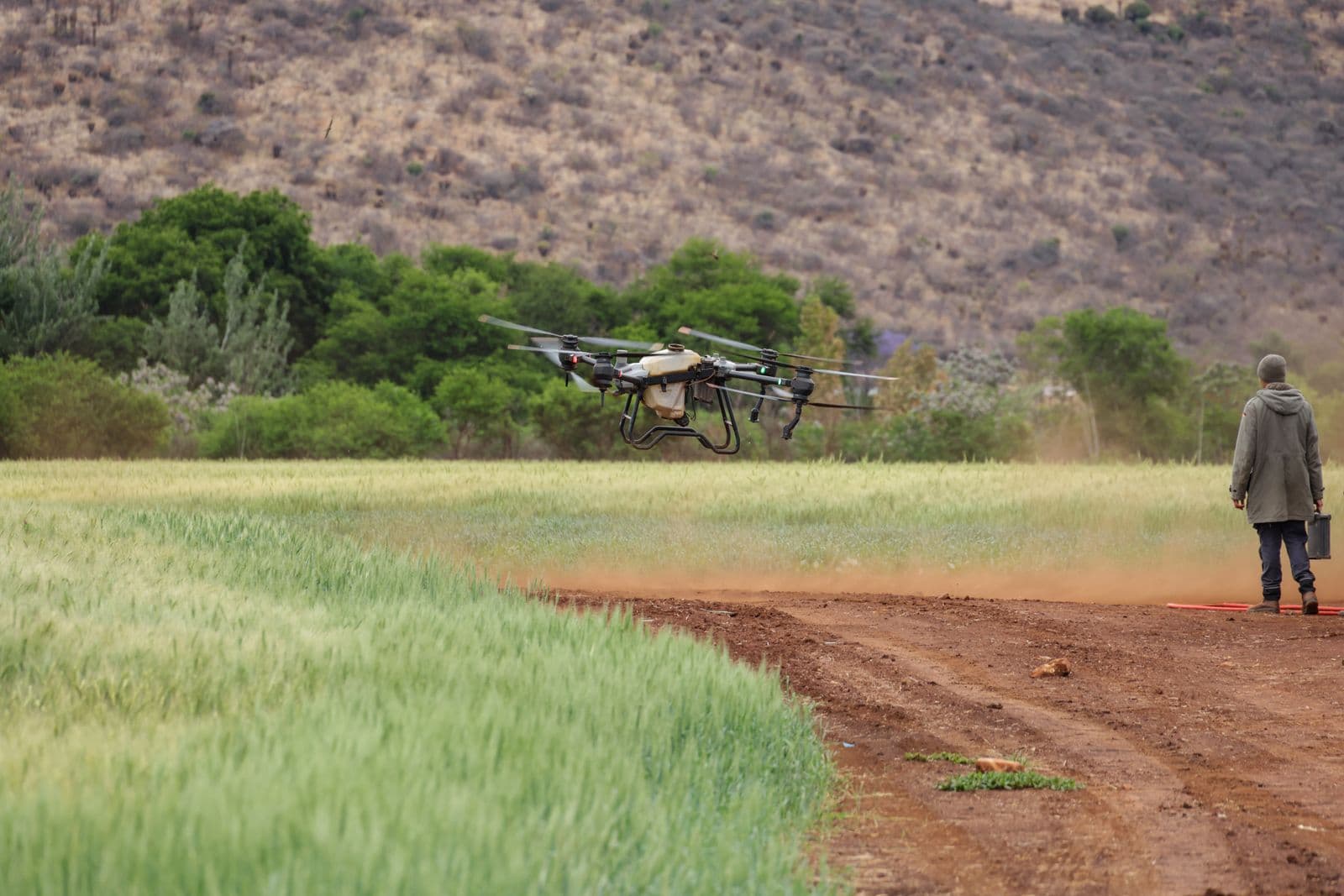 Farmer operating an agricultural spraying drone in a field