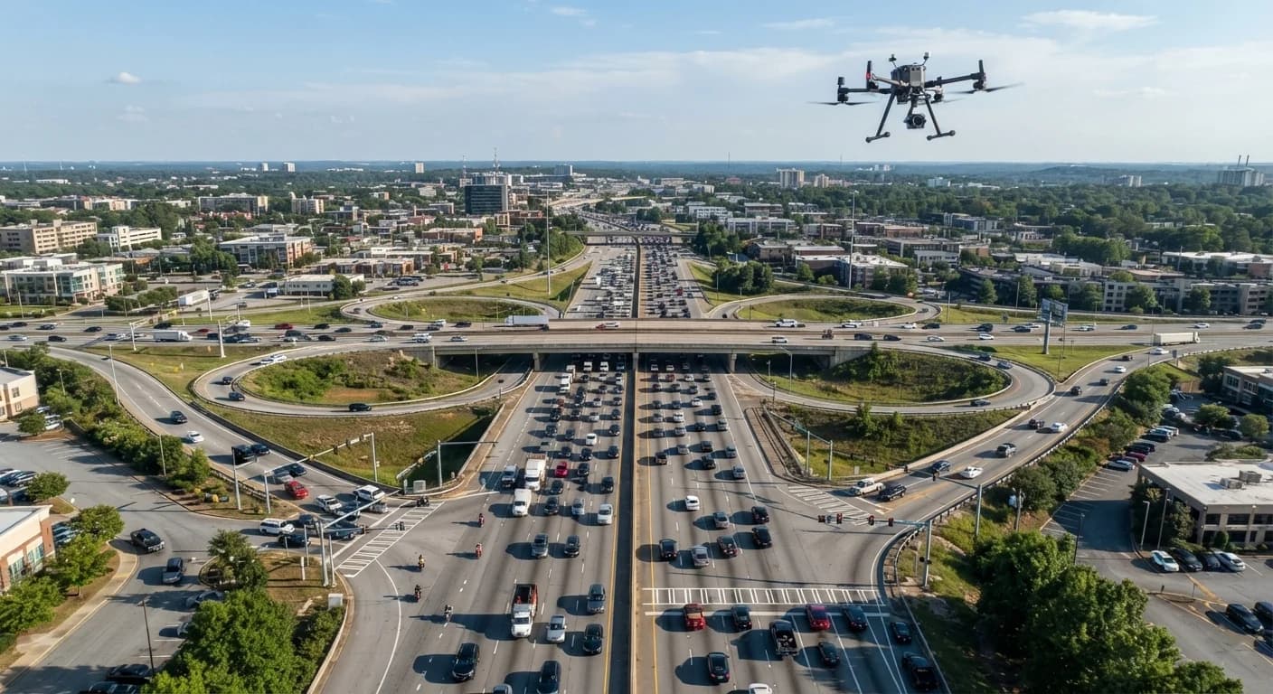 Surveillance drone hovering above a busy multi-lane highway interchange