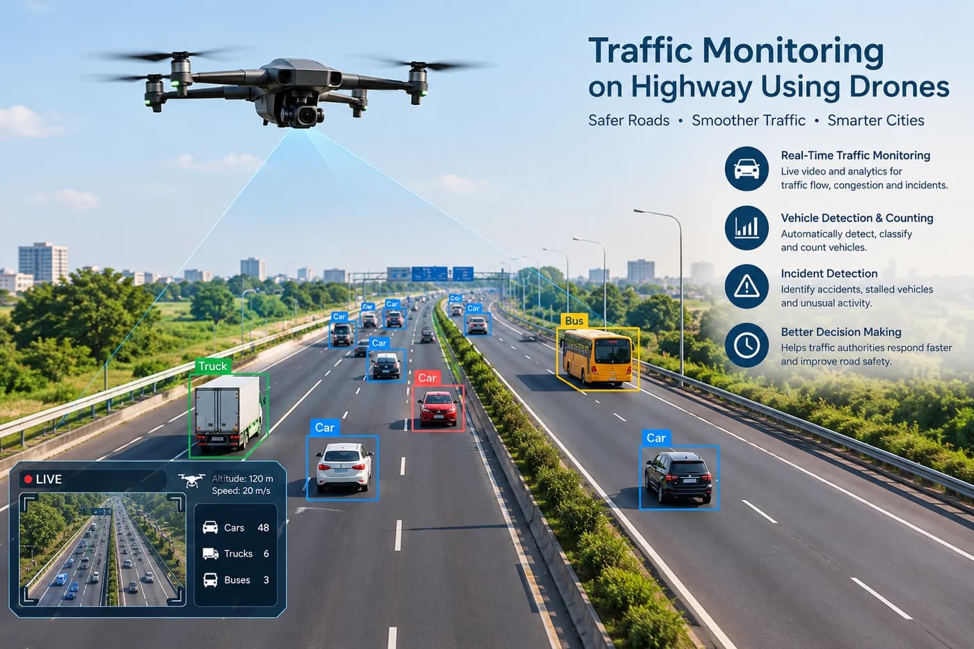 Drone monitoring highway traffic with AI vehicle detection, a live video feed and incident alerts