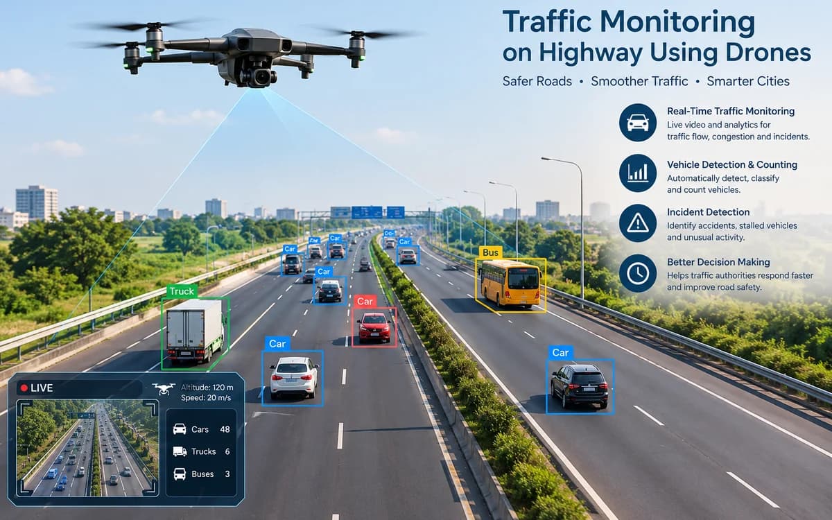 Drone monitoring highway traffic with vehicle detection and a live video feed